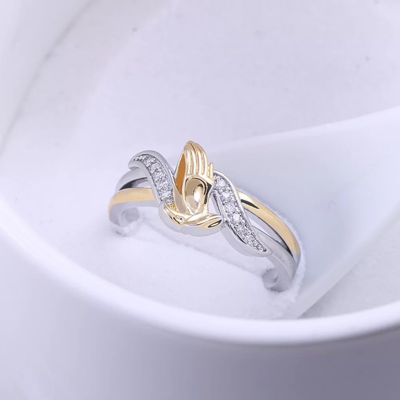 New Two Tone 925 Silver Beautiful Prayer Hands Diamond Ring - Picture 5 of 6